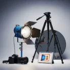 Product Photography setup includes a DSLR camera, large studio light with barn doors, tripod-mounted tablet showing edited photos, and a circular reflector in the background—all arranged on a smooth, neutral surface.