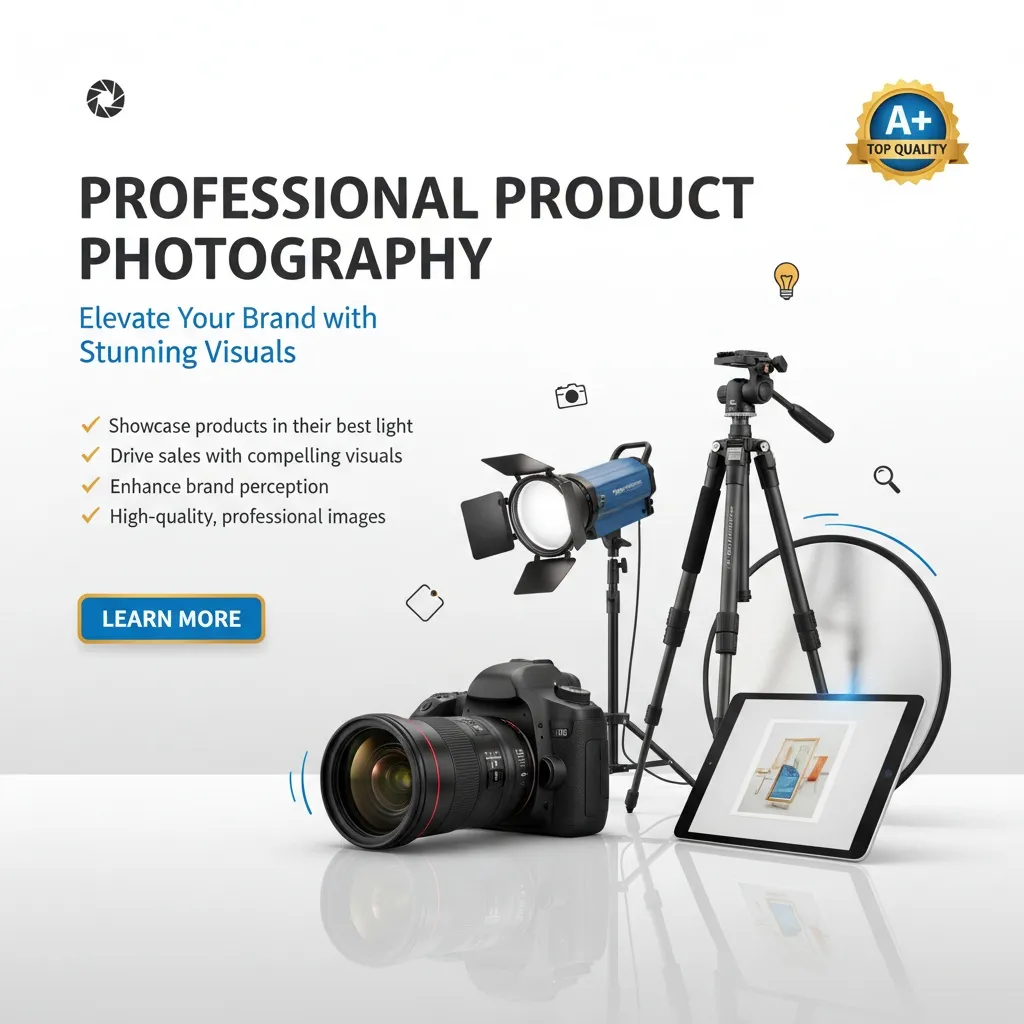 Product Photography is showcased with a camera, tripod, spotlight, and tablet on a white background. Text says, “Professional Product Photography. Elevate Your Brand with Stunning Visuals.” A yellow “Learn More” button and “A+ Top Quality” badge appear.