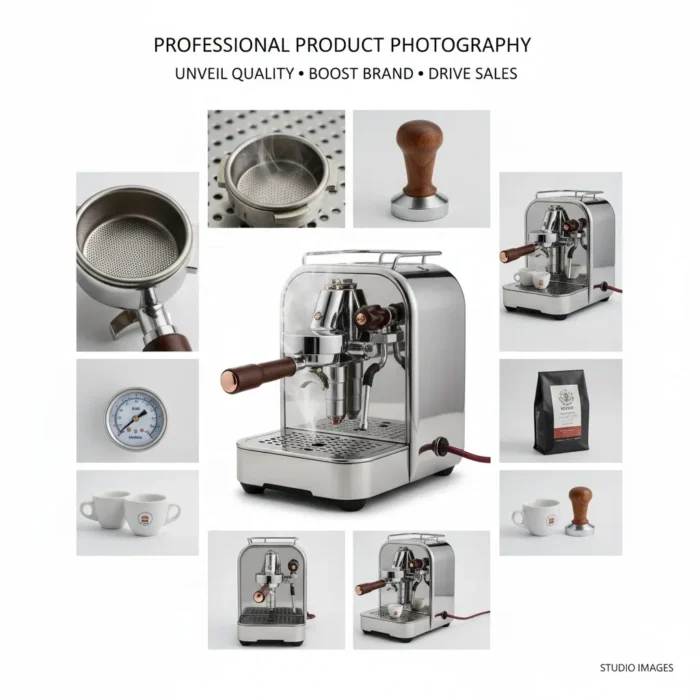 Product Photography displays a stainless steel espresso machine from various angles, focusing on the portafilter, tamper, gauge, and drip tray, alongside espresso cups, coffee beans, and a milk frother in a professional setting.