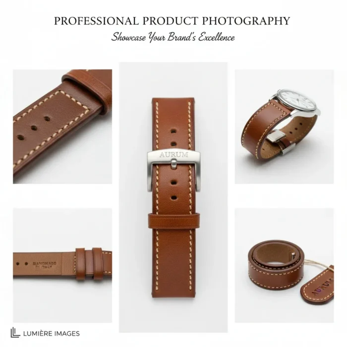 A five-image collage for Product Photography features a brown leather watch strap with white stitching, a silver buckle marked "AURUM," close-up watch detail, a rolled strap view, and product branding.