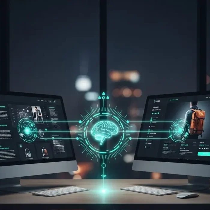 Two monitors on a desk show digital dashboards with shopping interfaces. A glowing brain-shaped hologram represents AI technology. The background cityscape hints at the Products Descriptions Writing service.