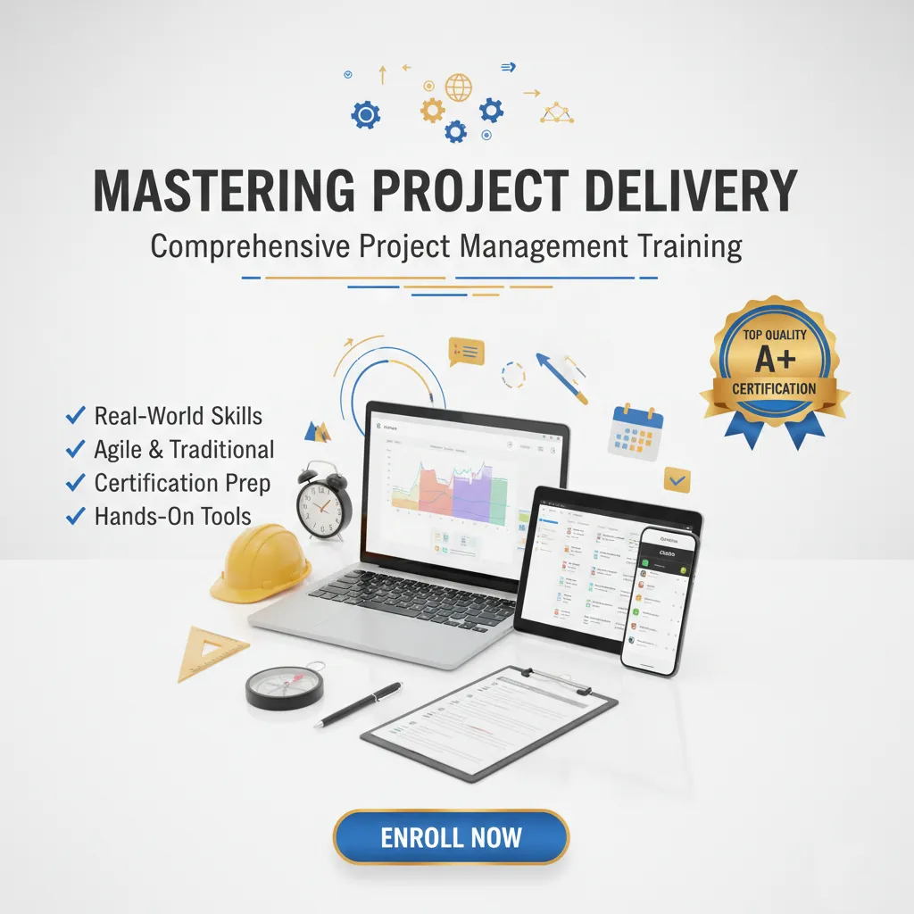 A promotional image for Project Management Training features a laptop, tablet, clipboard, hard hat, compass, pen, and ruler on a white desk. The text “Mastering Project Delivery” highlights project management skills. An “Enroll Now” button is shown.