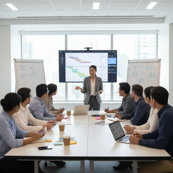 During a Project Management Training session, a woman presents a chart on a large screen to eight colleagues seated around a table with laptops, papers, sticky notes, and coffee cups; diagrams are on whiteboards.