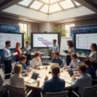 A diverse group of professionals collaborates in a bright, modern conference room during Project Management Training, presenting colorful charts and using laptops to demonstrate teamwork, strategy, and leadership.