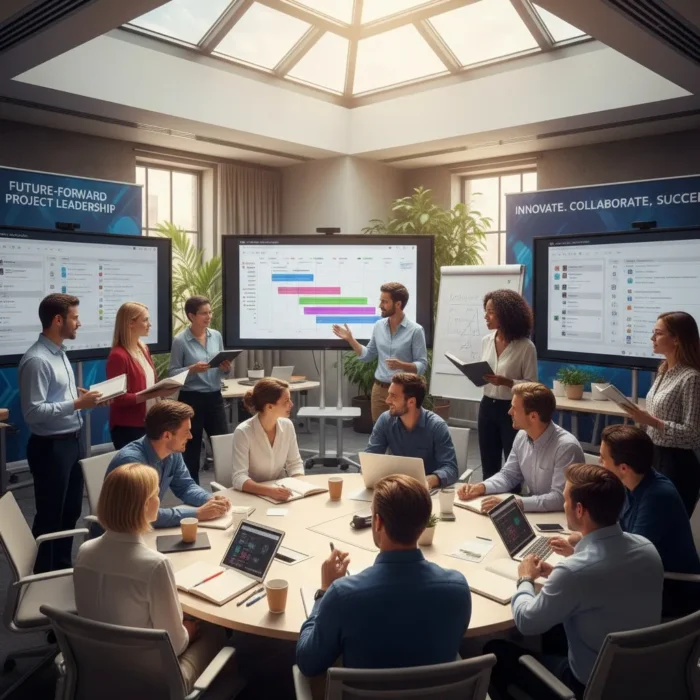 A diverse group of professionals collaborates in a bright, modern conference room during Project Management Training, presenting colorful charts and using laptops to demonstrate teamwork, strategy, and leadership.