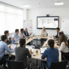 Twelve professionals participate in Project Management Training in a modern office, with laptops and papers on the table as a woman leads the session. Charts are shown on a large screen, with whiteboards in the background.