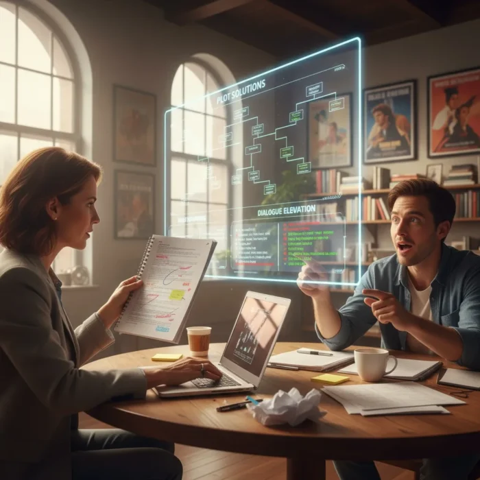 Two people sit in a bright office, discussing notes and a laptop, with a glowing flowchart between them—highlighting Script Doctoring & Rewriting Services for creating engaging new screenplays.