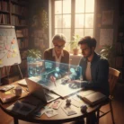 In a cozy, sunlit study, two people of different ages discuss script changes at a cluttered desk with laptops and papers, while digital holograms float above—showcasing Script Doctoring & Rewriting Services in action.