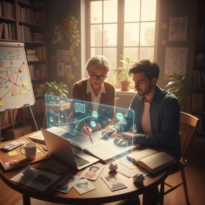 In a cozy, sunlit study, two people of different ages discuss script changes at a cluttered desk with laptops and papers, while digital holograms float above—showcasing Script Doctoring & Rewriting Services in action.