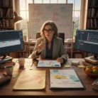 A woman analyzes a storyboard on a tablet at a creative, cluttered workspace with notes and monitors, showcasing Script Doctoring & Rewriting Services in action. Bookshelves and a window add to the focused atmosphere.