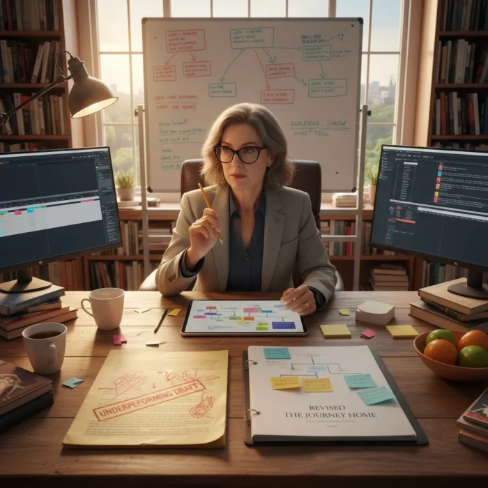 A woman analyzes a storyboard on a tablet at a creative, cluttered workspace with notes and monitors, showcasing Script Doctoring & Rewriting Services in action. Bookshelves and a window add to the focused atmosphere.