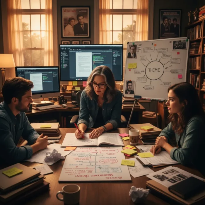 Three people collaborate in an office, analyzing documents and a mind map labeled "THEME" as they use Script Doctoring & Rewriting Services to plan and improve their script amid books and papers.