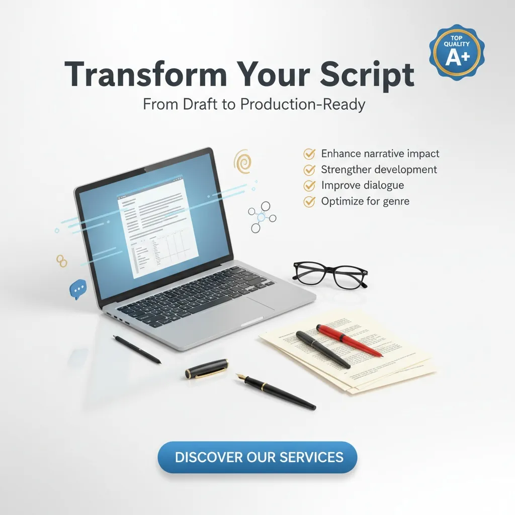 A laptop with a script on screen sits beside glasses, pens, and paper. Text: “Transform Your Script From Draft to Production-Ready” with Script Doctoring & Rewriting Services goals checklist and a blue “Discover Our Rewriting Services” button.