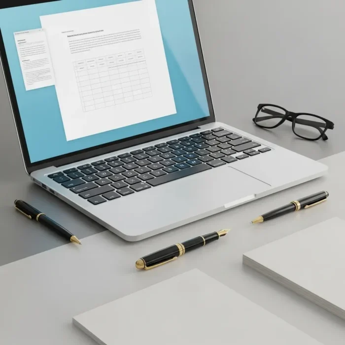 A laptop with a document and charts sits on a gray desk, alongside black eyeglasses, notepads, and pens—creating an organized space ideal for Script Doctoring & Rewriting Services.