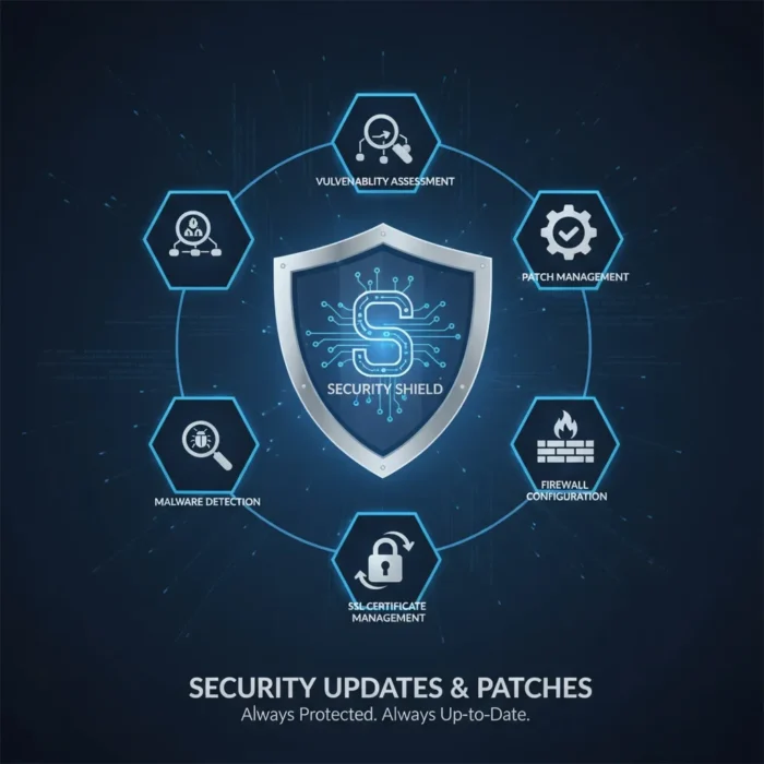 A digital shield featuring "Security Updates & Patches" at its center is encircled by six hexagons symbolizing vulnerability assessment, patch management, firewall configuration, SSL certificate management, malware detection, and security updates.