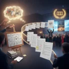 A storyboard and script pages flow from an artist to a filmmaker receiving an award, cheered by a crowd and movie posters, capturing the Short Film Script Development journey from concept to cinematic triumph.