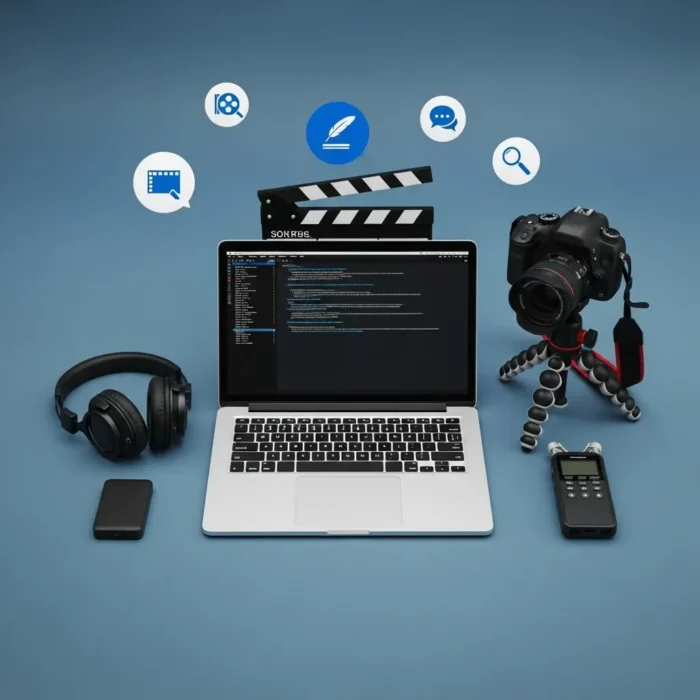 The Short Film Script Development product is showcased with a laptop on a blue surface, surrounded by headphones, smartphone, camera on tripod, audio recorder, and clapperboard. Floating icons highlight video, scriptwriting, audio, and search features.