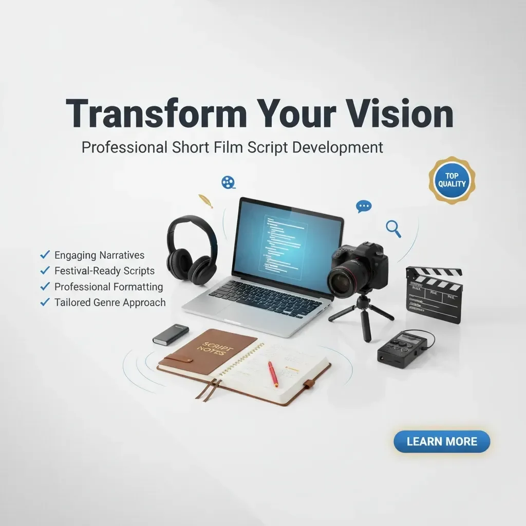 A white desk holds a laptop, headphones, camera on tripod, clapperboard, phone, notebook, pen, and SD card reader. Text reads: "Short Film Script Development—Transform Your Vision." Features listed with a "Learn More" button.