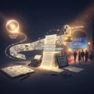 A surreal scene features a storyboard, typewriter, tablet, and camera lens in a creative workspace. Glowing script pages lead to a film festival entrance, where crowds gather as “Short Film Script Development” appears in the center.