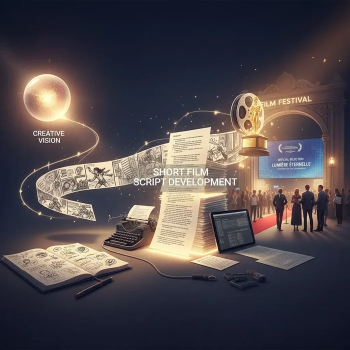 A surreal scene features a storyboard, typewriter, tablet, and camera lens in a creative workspace. Glowing script pages lead to a film festival entrance, where crowds gather as “Short Film Script Development” appears in the center.