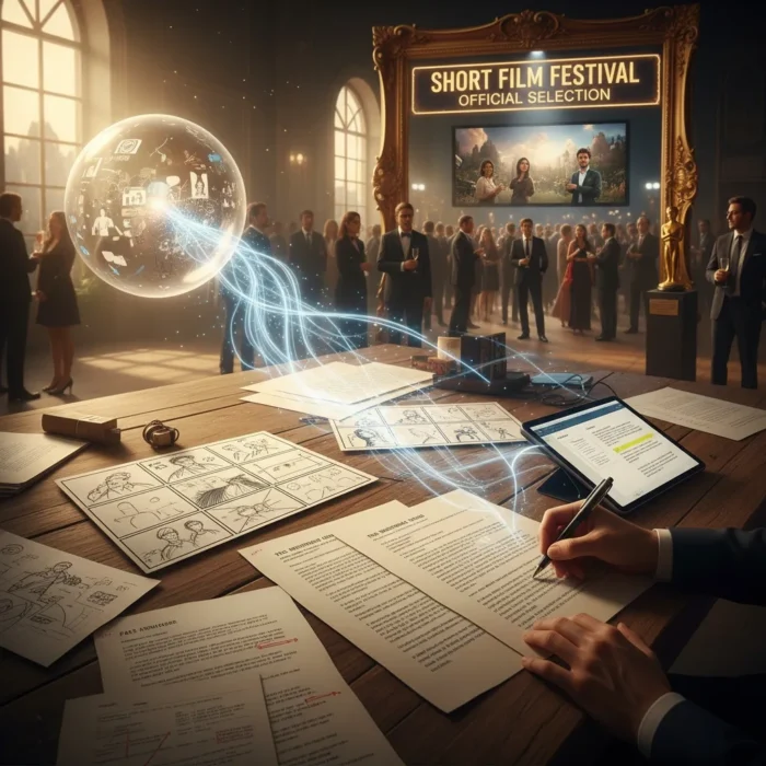 Someone works on a Short Film Script Development at a paper-strewn desk with storyboards and a tablet. Ethereal blue lines and a glowing sphere with film icons appear, as people mingle at an elegant short film festival in a grand hall.