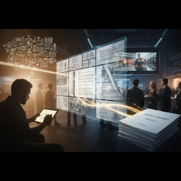 In a dimly-lit, futuristic workspace, people collaborate using Short Film Script Development on a tablet, visualizing scripts and diagrams floating mid-air with nearby stacks labeled "Research Documents.