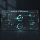 Site Speed Optimization for SEO features a futuristic dashboard that displays core web vitals, SEO charts, and resource optimization insights in glowing blue tones on a dark background.