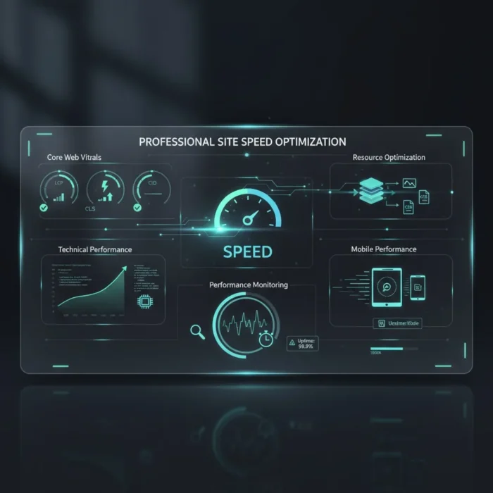 Site Speed Optimization for SEO features a futuristic dashboard that displays core web vitals, SEO charts, and resource optimization insights in glowing blue tones on a dark background.