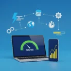 A laptop and smartphone on a blue surface showcase the Site Speed Optimization for SEO product. The laptop displays a green 100/100 speedometer, while the phone shows an upward yellow graph. Icons above highlight data, cloud, SEO, and speed concepts.