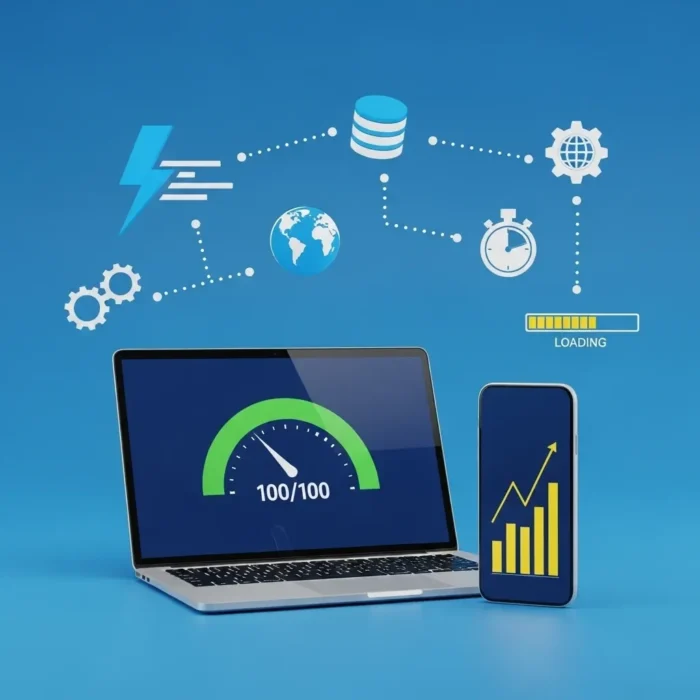 A laptop and smartphone on a blue surface showcase the Site Speed Optimization for SEO product. The laptop displays a green 100/100 speedometer, while the phone shows an upward yellow graph. Icons above highlight data, cloud, SEO, and speed concepts.