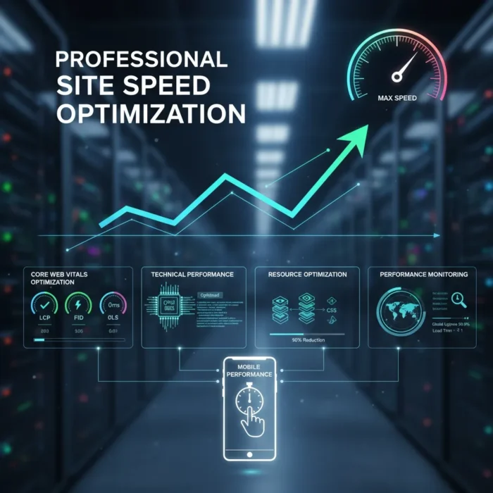 A futuristic server room with glowing lights displays digital graphics: a rising arrow, a speedometer reading "Max Speed," and panels labeled Site Speed Optimization for SEO, Resource Optimization, and Performance Monitoring. Text reads “Professional Site Speed Optimization.”.