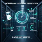 In a server room, a digital dashboard showcases “Site Speed Optimization for SEO” with icons for core web vitals, technical, mobile, and resource performance. The speedometer highlights “Ultra-Fast” above the phrase “Blazing Fast Websites.”.