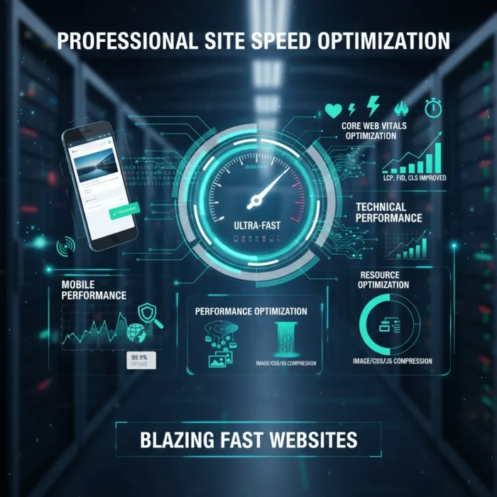 In a server room, a digital dashboard showcases “Site Speed Optimization for SEO” with icons for core web vitals, technical, mobile, and resource performance. The speedometer highlights “Ultra-Fast” above the phrase “Blazing Fast Websites.”.