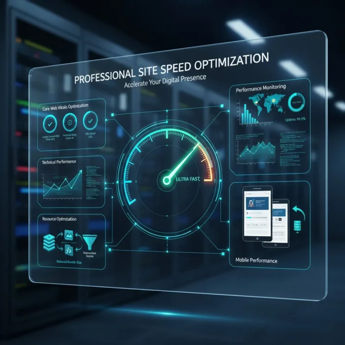 A futuristic dashboard showcases "Site Speed Optimization for SEO" with a central speedometer labeled "Ultra Fast," SEO performance charts, efficiency icons (web, resource, technical, mobile), all set in a modern server room background.