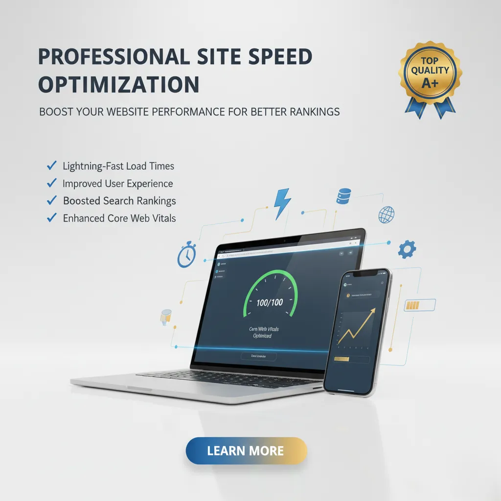 A laptop and smartphone display analytics for "Site Speed Optimization for SEO," showing key benefits marked with checks. A "Top Quality A+" badge tops the scene, with web performance icons next to a "Learn More" button.