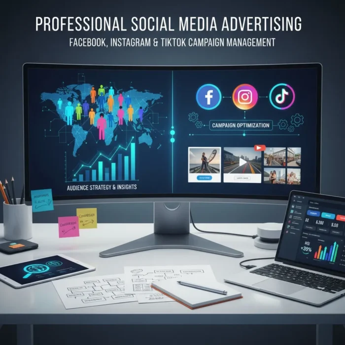 A workspace featuring a monitor with charts, audience insights, and campaign data for Facebook, Instagram, and TikTok. A tablet, laptop with analytics, and notes are on the desk. Text: "Social Media Advertising.