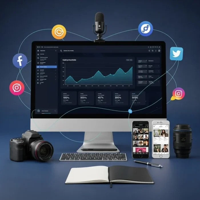 A desktop displays analytics, surrounded by a camera, lens, smartphone, notebook, and microphone. Social media icons and network lines encircle the setup, highlighting the power of Social Media Advertising.