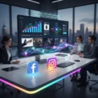 Three business professionals sit at a modern desk with digital monitors showing Social Media Advertising analytics. Floating Facebook and TikTok icons emphasize social media trends, with a cityscape visible through the windows.
