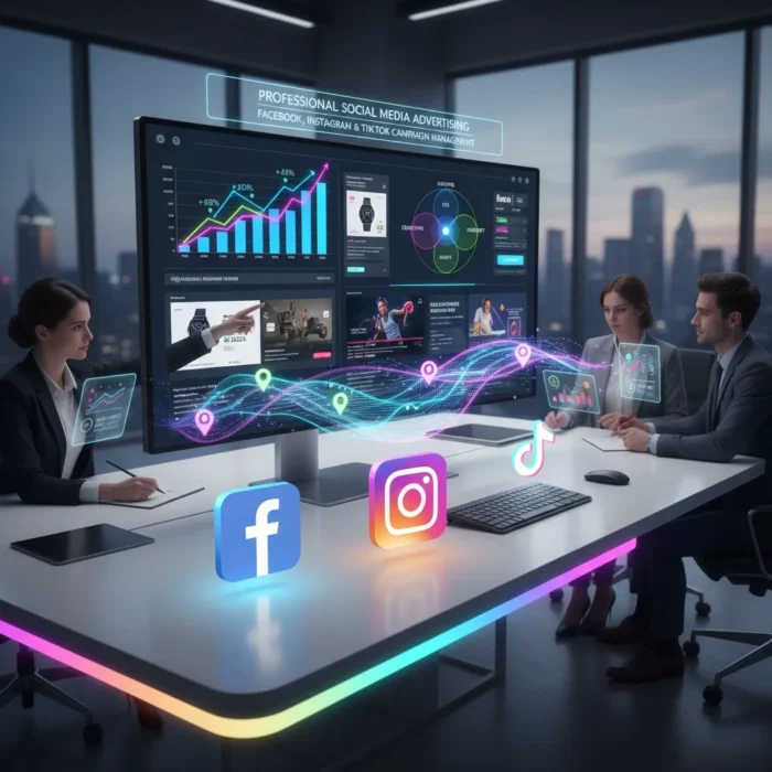 Three business professionals sit at a modern desk with digital monitors showing Social Media Advertising analytics. Floating Facebook and TikTok icons emphasize social media trends, with a cityscape visible through the windows.