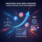 Infographic for Social Media Advertising with Facebook, Instagram, and TikTok icons, highlighting strategies like audience targeting, creative optimization, and data-driven insights on a glowing dark background.
