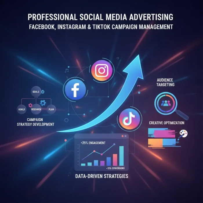 Infographic for Social Media Advertising with Facebook, Instagram, and TikTok icons, highlighting strategies like audience targeting, creative optimization, and data-driven insights on a glowing dark background.