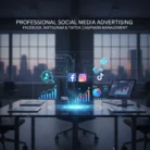 Social Media Advertising: Streamline your campaigns with an efficient setup featuring computers and essential tools.