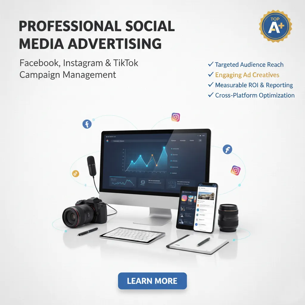A desktop, camera, smartphone, tablet, notepad, and microphone rest on a white desk with social media icons. Text: "Social Media Advertising"—promoting campaign management, targeted reach, and cross-platform optimization.