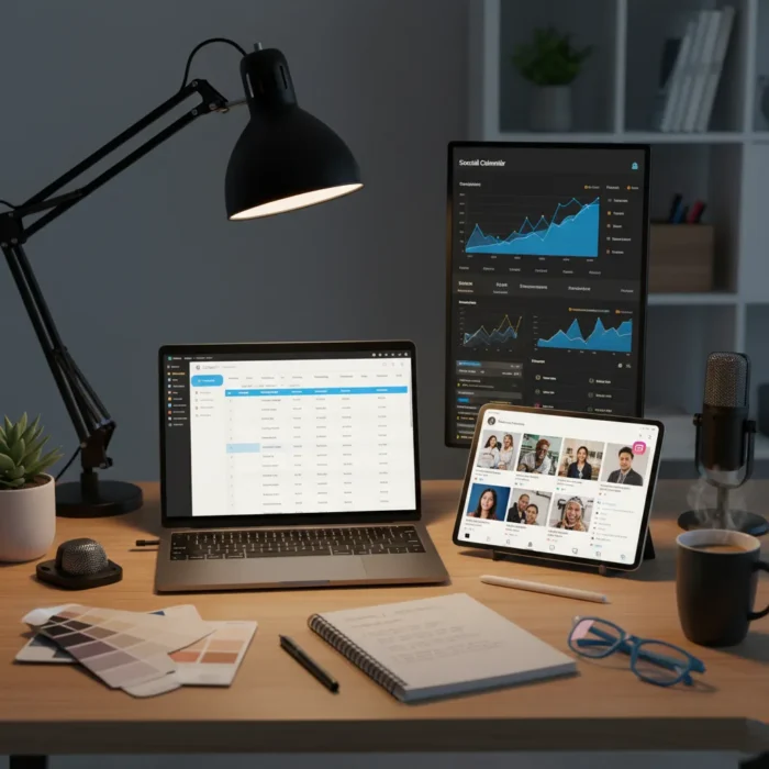 Social Media Content Creation workspace: a laptop, tablet on a video call, large screen with charts, microphone, social media tools, notebook, color swatches, coffee cup, and plant arranged on a wooden desk under a lamp.