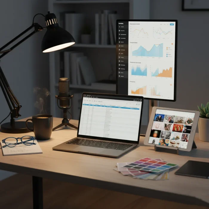 The Social Media Content Creation setup includes a laptop, upright monitor with graphs, tablet with photos, microphone, lamp, notebook and glasses, coffee mug, color swatches, plus shelves and décor for an inspiring workspace.