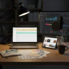 The Social Media Content Creation setup features a laptop with a spreadsheet, a large monitor showing graphs, a tablet displaying a website, and a microphone, all arranged on a cozy, dimly lit wooden desk.
