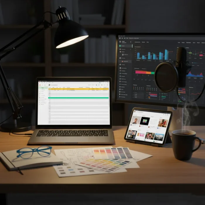 The Social Media Content Creation setup features a laptop with a spreadsheet, a large monitor showing graphs, a tablet displaying a website, and a microphone, all arranged on a cozy, dimly lit wooden desk.