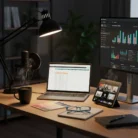 A Social Media Content Creation setup includes a laptop with spreadsheets, a monitor showing vibrant data charts, a tablet on a video call, a microphone, coffee, eyeglasses, color swatches, and a plant in the background.