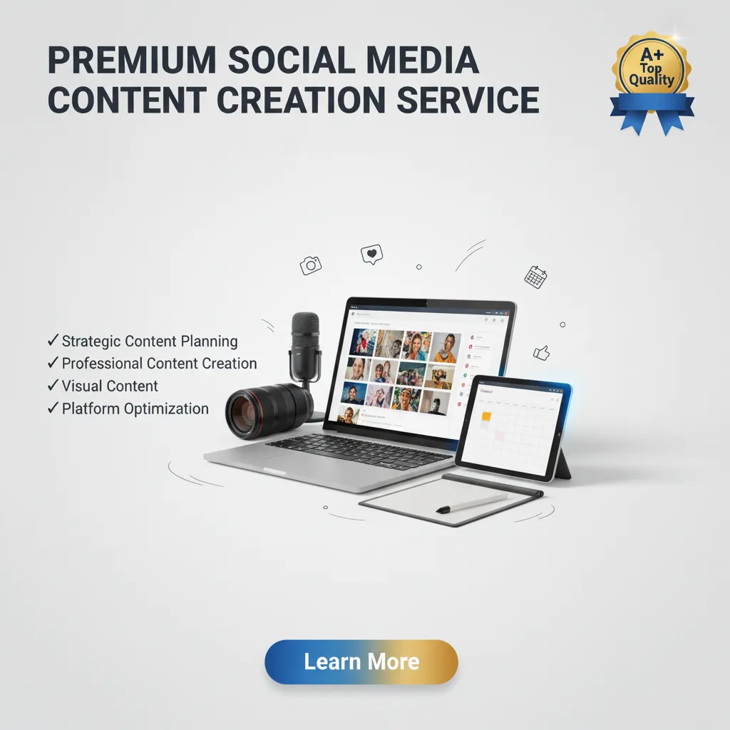 A laptop, tablet, smartphone, and camera showcase "Social Media Content Creation." Above is the text “Premium Social Media Content Creation Service.” Features are in bullet points, with a gold “A+ Quality” badge and “Learn More” button.
