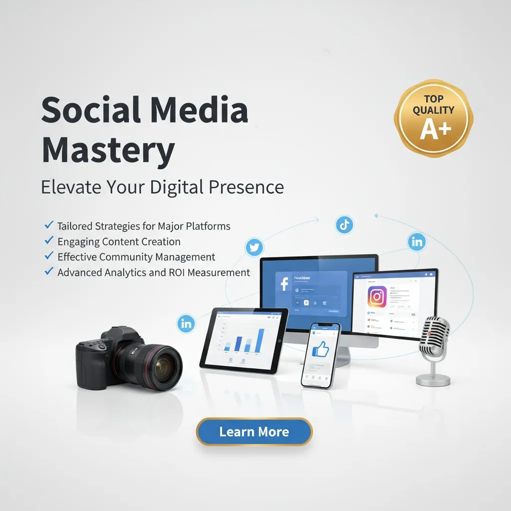 A promotional graphic for “Social Media Marketing Workshops” displays cameras, a tablet, phone, and computers with social media apps, highlighting tailored strategies, content creation, community management, and analytics.